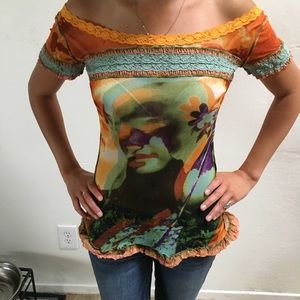 Jean Paul Gaultier mesh off the shoulder shirt